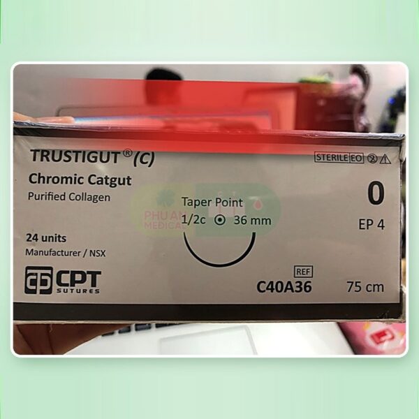 Chỉ tan chậm tự nhiên Trustigut (C) (Chromic Catgut) số 0, dài 75 cm, kim tròn 1/2c, dài 36 mm.