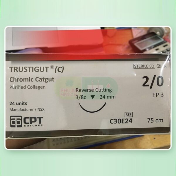 Chỉ tan chậm tự nhiên Trustigut (C) (Chromic Catgut) số 2/0, dài 75 cm, kim tam giác 3/8c, dài 24 mm