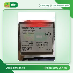 Chỉ tan chậm tự nhiên Trustigut (C) (Chromic Catgut) số 6/0, dài 75 cm, kim tam giác 3/8c, dài 12 mm