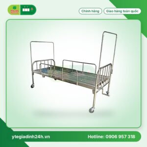 Giường 1 tay quay Inox 201 vạc hộp có thanh chắn, bánh xe và bô vệ sinh