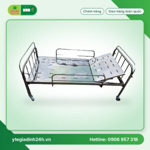 Giường 1 tay quay Inox 201 vạc tấm liền có thanh chắn, bánh xe
