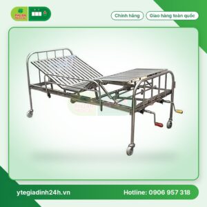 Giường 2 tay quay Inox 201 vạc hộp có thanh chắn, bánh xe