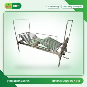 Giường 2 tay quay Inox 201 vạc hộp có thanh chắn, bánh xe và bô vệ sinh