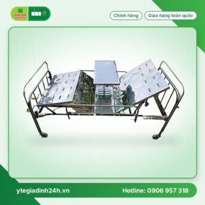 Giường 2 tay quay Inox 201 vạc tấm liền có bàn ăn, thanh chắn, bánh xe